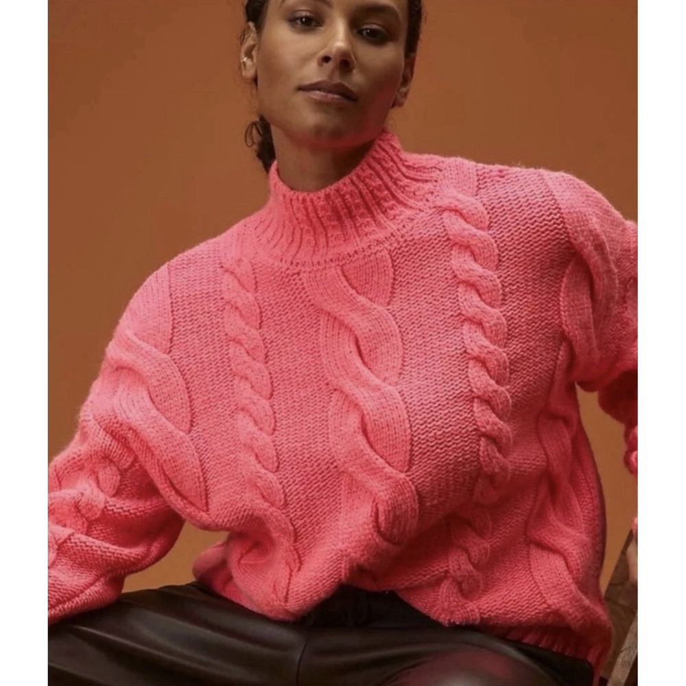 Anthropologie Womens Cable Knit Sweater Size M Chunky Oversized Neon Bold Winter